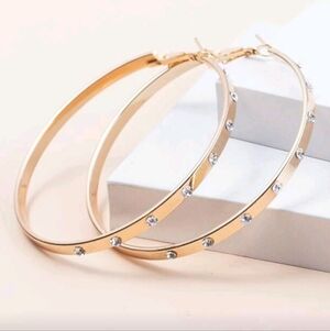 NEW! 14K Gold Plated Classic Elegant Diamond Thin Large Hoop Earrings